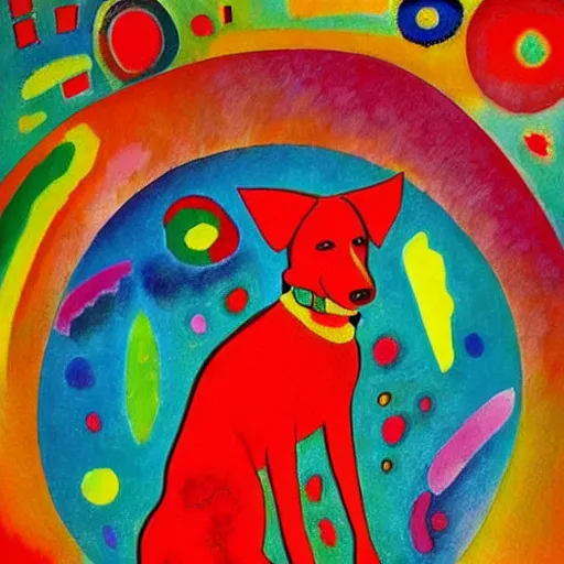 Image similar to A red dog sitting in the middle with red spots. in the art style of Kandinsky. Dramatic lighting, minimal painting, high resolution. Positive vibes