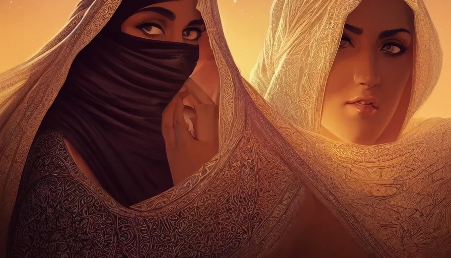 Image similar to Portrait of very very very very very very beautiful Arab woman wearing a Niqab, glowing magical eyes, energy trails, under giant full moon in the desert, intricate, elegant, highly detailed, digital painting, artstation, concept art, smooth, sharp focus, illustration, art by artgerm and greg rutkowski and alphonse mucha