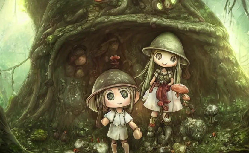 Image similar to cute little girl with an long hair wearing an mushroom hat in the dark forest next to a sinister monster, cute artwork, clean detailed art, inspired made in abyss, detailed background, fantastic world, spectacular quality