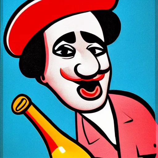 Image similar to champagne communist clown, chinese propaganda, vivid colors, poster art style, detailed image, saturated colors, dominating red, detailer portrait