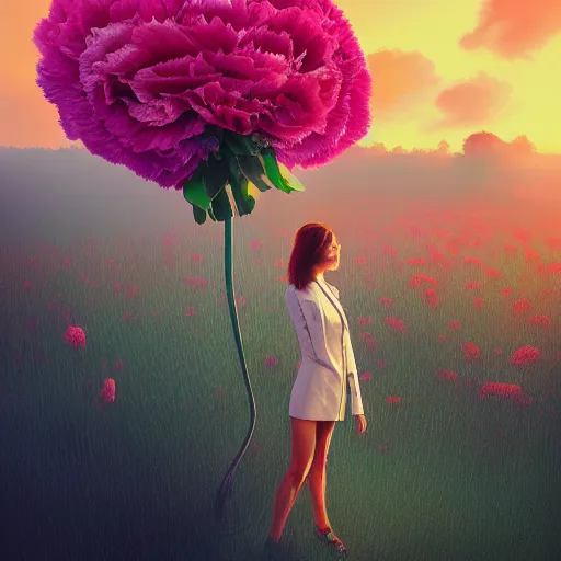 Prompt: giant carnation flower head, frontal, girl in a suit, surreal photography, sunrise, dramatic light, impressionist painting, digital painting, artstation, simon stalenhag