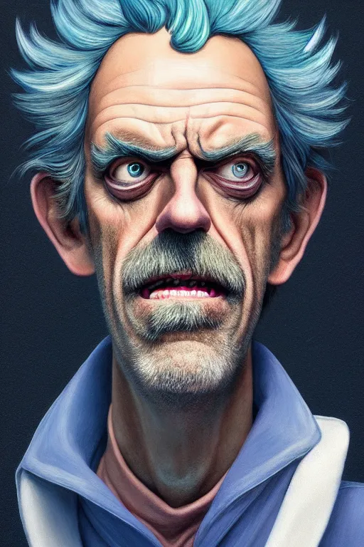 Image similar to Hugh Laurie as crazy genius Rick Sanchez from Rick and Morty, unibrow, white robe, big eyes, realistic portrait, symmetrical, highly detailed, digital painting, artstation, concept art, smooth, sharp focus, illustration, cinematic lighting, art by artgerm and greg rutkowski and alphonse mucha