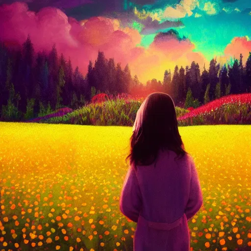 Image similar to girl with a enlarged up flower as a face, surreal photography, dream, standing in flower field, hills, big trees, sunrise dramatic light, impressionist painting, colorful clouds, digital painting, pointillism, artstation, simon stalenhag, flower face