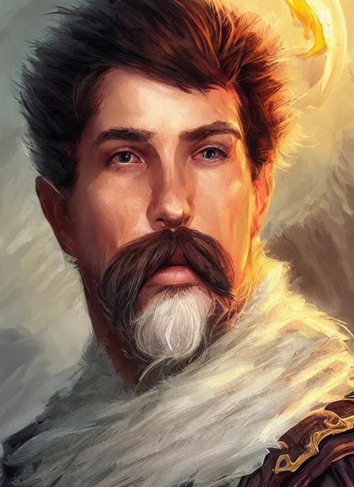 Prompt: young man with short white hair and moustache, dndbeyond, bright, colourful, realistic, dnd character portrait, full body, pathfinder, pinterest, art by ralph horsley, dnd, rpg, lotr game design fanart by concept art, behance hd, artstation, deviantart, hdr render in unreal engine 5