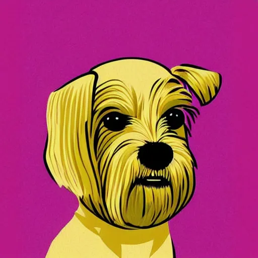 Image similar to retro poster with a painting of a blond terrier standing on a wall, an art deco painting by tom whalen, trending on behance, art deco, digital illustration, storybook illustration, art deco, flat shading, vector art, airbrush