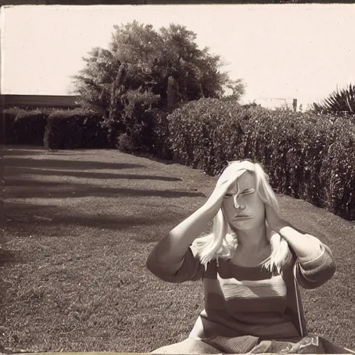 Image similar to a young woman with long blond hair sitting on a green bench with her head in her hands, henderson, steve