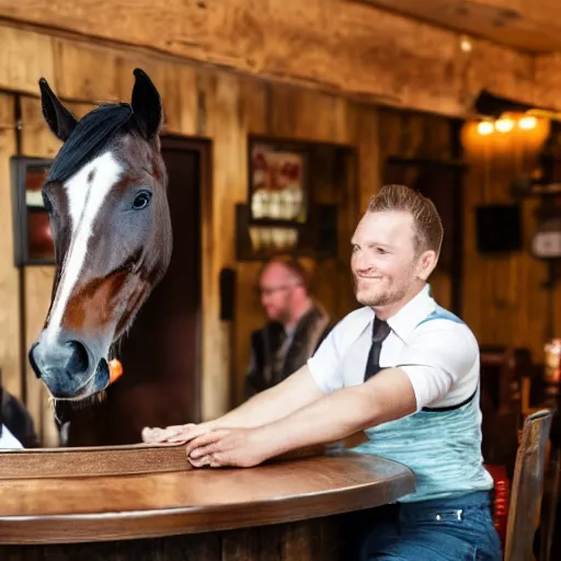 Prompt: a horse sitting in a bar drinking a pint with a barman s - 1 6 4 5 0 6 7 4 1 7