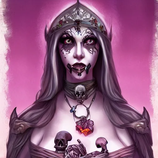 Prompt: a beautiful feminine necromancer raising the dead, illustration, skulls, character design by nixeu, artstation, 2 d cg