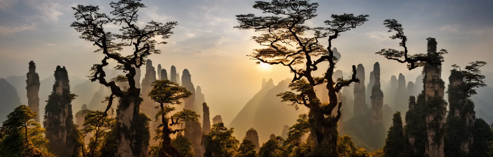 Image similar to A beautiful landscape photography of Zhangjiajie mountains, an intricate tree in the foreground, sunset, dramatic lighting by Anselm Adams and Albrecht Durer, chiaroscuro, shadow and light,