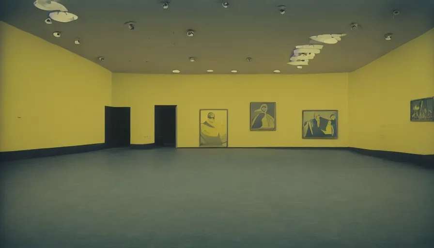 Prompt: 60s movie still of a sovietic stalinist style empty art museum with a soviet congress with yellow wall, kodakchrome, liminal Space style, heavy grain