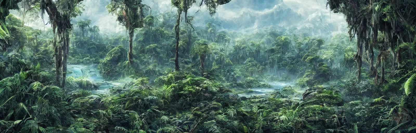 Image similar to painting of a jungle frozen over!! scene on an alien planet by vincent bons. ultra sharp high quality digital render. detailed. beautiful landscape. weird vegetation. water.