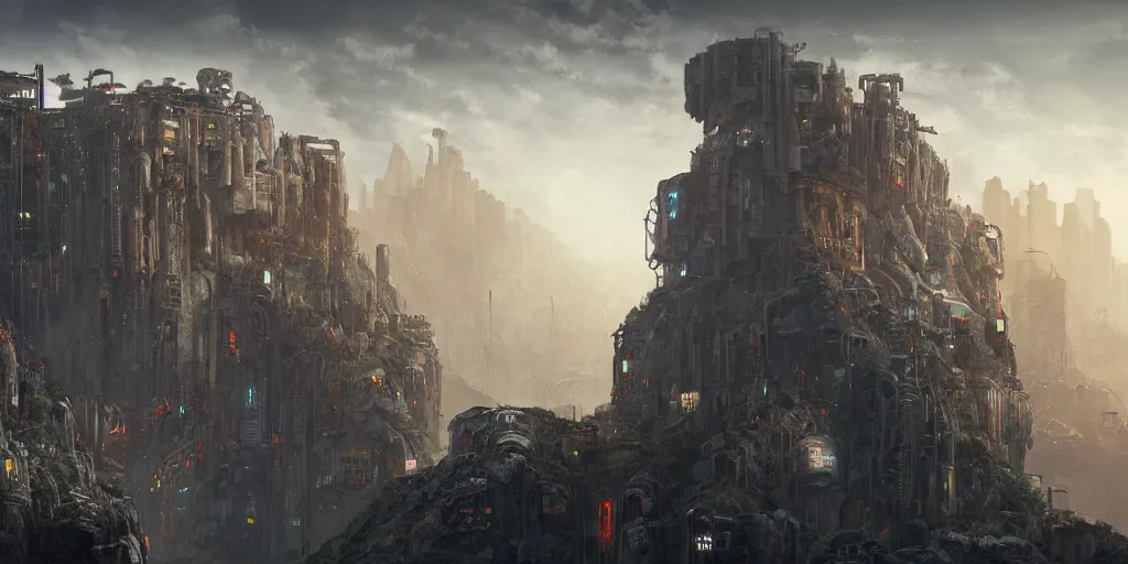 Prompt: Panoramic cyberpunk brutalist industrial temple embedded in a cliffside, large columns made of stone and circuitry, early dawn with godrays, highly detailed, dramatic lighting, cinematic volumetric lighting, style of Raphael Lacoste, grandfailure, Tithi Luadthong