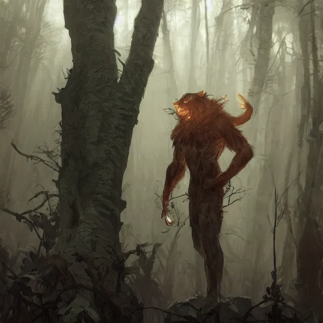 Prompt: a young fit male werewolf with long claws in a dark forest at night, by greg rutkowski and alphonse mucha, gradient brown to red, highly detailed, digital painting, artstation, concept art, smooth, sharp focus illustration