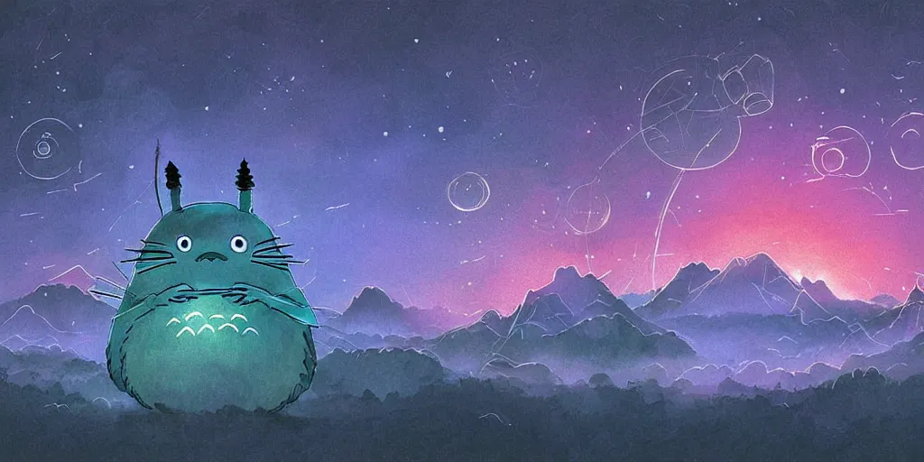 Image similar to glowing wireframe totoro, mountain landscape, night sky, digital art, digital painting, celestial, majestic, colorful