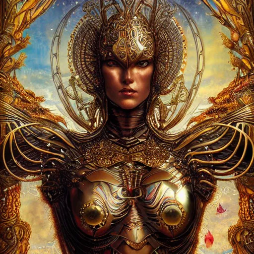 Image similar to a beautiful symmetrical muscular body wearing an armor made of golden ornaments and gems by alex gray and android jones , Karol Bak, Ayami Kojima, Amano , 3D, 8k resolution