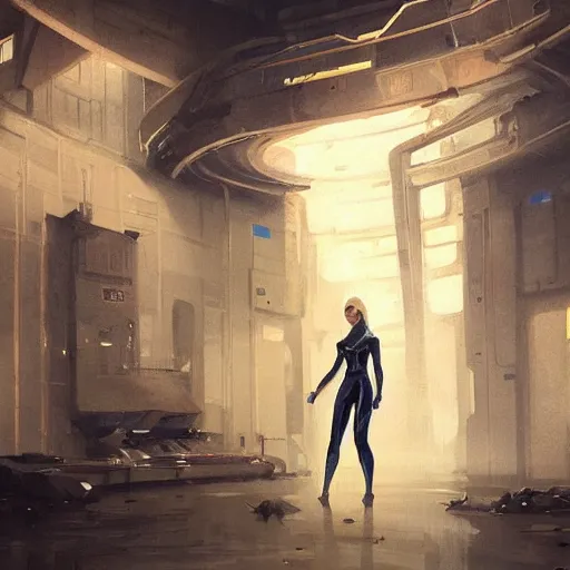 Image similar to concept art by greg rutkowski, a very tall, and slender blonde woman, wearing futuristic space suits, exploring the interior of an abandoned space station, brutalist futuristic interior, dark lighting atmosphere, detailed portraits, scary atmosphere, scifi, digital painting, artstation, concept art, smooth, sharp foccus ilustration, artstation hq