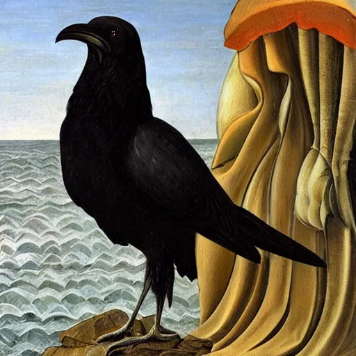 Prompt: high quality oil painting by botticelli, a raven bird standing on a seashell