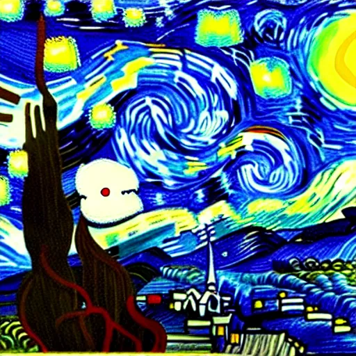 Image similar to painting of an angry stay puft marshmallow man in the style of starry night by vincent van gogh