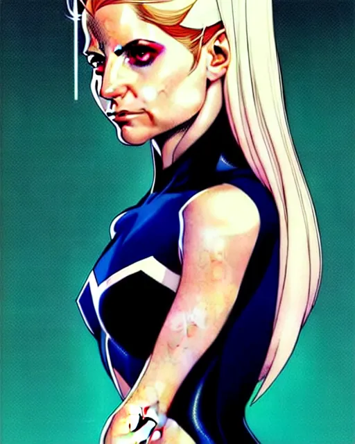 Image similar to artgerm, joshua middleton comic cover art, pretty sarah michelle gellar superhero, very pale white skin, asymmetrical black oval spot covering left eye only, no spot right eye white around right eye