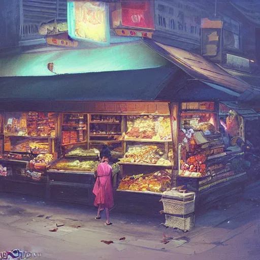 Image similar to a traditional provision shop in singapore at night, by greg rutkowski