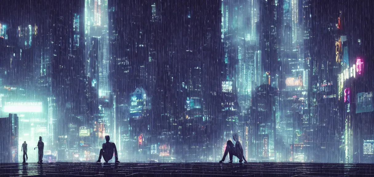 Image similar to shot of the roof with single man sitting on the edge during rain, below impressive cyberpunk night city during great rainy storm with lightning, nightscape, futuristic architecture, realistic photo, neons, blade runner, akira style, cinematic lighting, cinematic angles