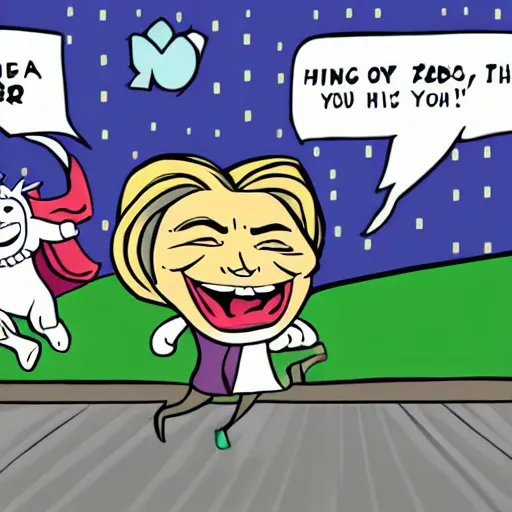 Prompt: large hillary clinton chasing after anthropomorphic envelopes running away in fear, cute cartoon artstyle, green sunny hills