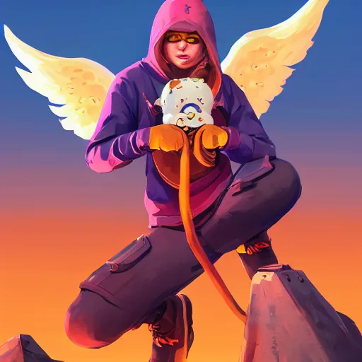 Image similar to Angel cherub ski mask orange hoodie, golden necklace fantasy art apex fortnite Video game icon, 2d game art gta5 cover , official fanart behance hd artstation by Jesper Ejsing, by RHADS, Makoto Shinkai and Lois van baarle, ilya kuvshinov, rossdraws