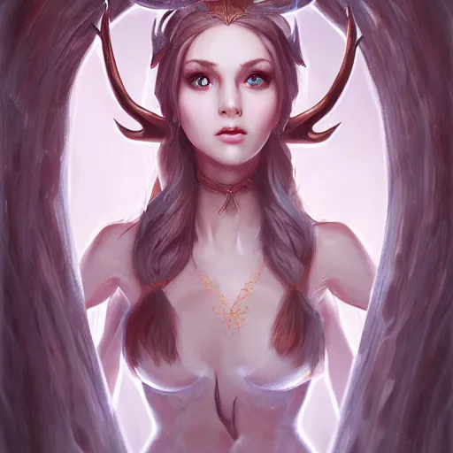 Image similar to beautiful female elf with antlers in the forest, symmetrical portrait by loish and WLOP, octane render, rending on ArtStation