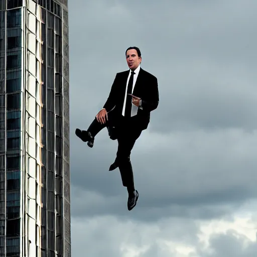 Image similar to Clean-shaven Jon Favreau wearing a black suit and black necktie and black dress shoes is climbing up a tall building in an urban city. The sky is filled with dark clouds and the mood is ominous.