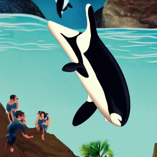 Image similar to an orca jumping through a hoop held by robbie williams, sea world, high detail