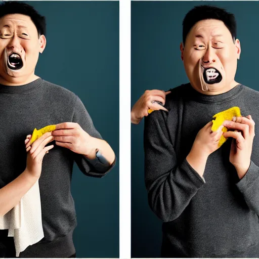 Image similar to portrait sneezing mid - sneeze midsneeze detective sneezing pikachu mid - sneeze wiping face with rag at a photoshoot studio lighting