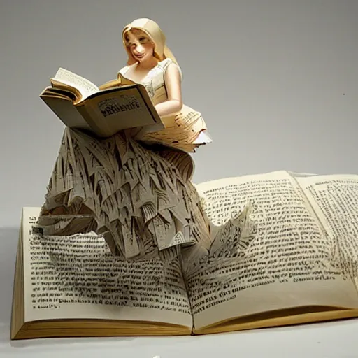 Image similar to cut paper sculpture of belle, reading a book