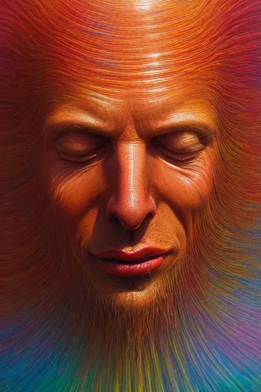 Image similar to hyperrealistic close-up Renaissance psychedelic!! celestial happy pure kind! creature!! peaceful! kind spirit of nature highly detailed concept art eric zener elson peter cinematic hard rainbow lighting high angle hd 8k sharp shallow depth of field, inspired by Zdzisław Beksiński