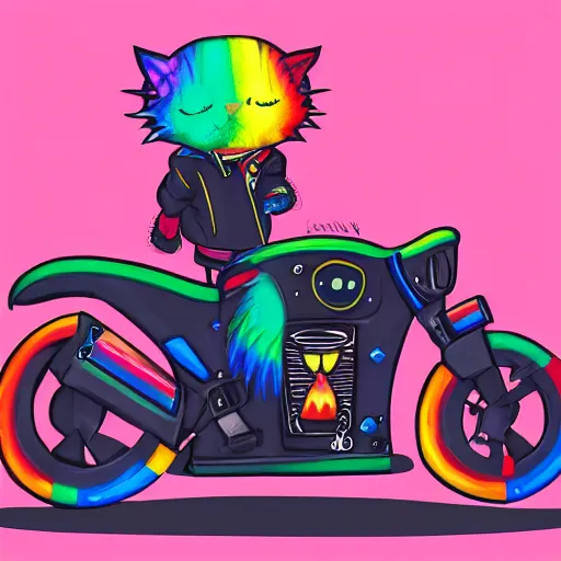 Image similar to wide angle full body, jacket wearing fluffy cute rainbow kitten wearing a black leather motorcycle jacket, riding on a motorcycle, cinematic concept art