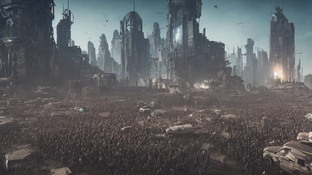 Prompt: low angle shot of a horde of people in a post-apocalyptic city, rich contrast, thousands of spaceships flying in background, hyperrealistic, Cryengine 8k UHD