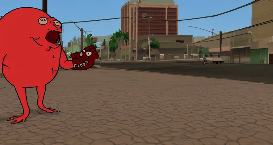 Image similar to Screenshot of a 3d version of Meatwad from Aqua Teen Hunger Force as a 3d NPC in the videogame 'Grand Theft Auto V' (2013). Sharpened. 1080p. High-res. Ultra graphical settings.