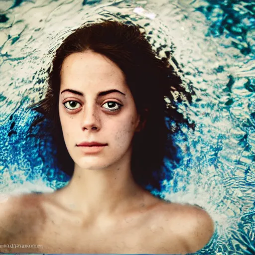 Image similar to portrait of a beautiful girl + kaya scodelario, floating under the deep dream water, beautiful smooth soft light + white petal, by personal photography, art by brookskim, closeup, 4 k, highly detailed, instagram,