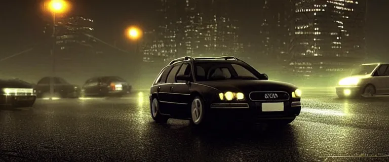 Image similar to Audi A4 B6 Avant (2002) in a car chase, a gritty neo-noir, dramatic lighting, cinematic, establishing shot, extremely high detail, photorealistic, cinematic lighting, artstation, by simon stalenhag, Max Payne (PC) (2001) winter new york at night, dark night, bright lights, simon stalenhag eldritch horror