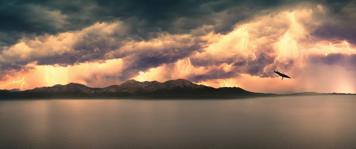 Image similar to donald trump flying over lake in lightning clouds, sunset, mountains, 4 k, hd, explosive, colorfull