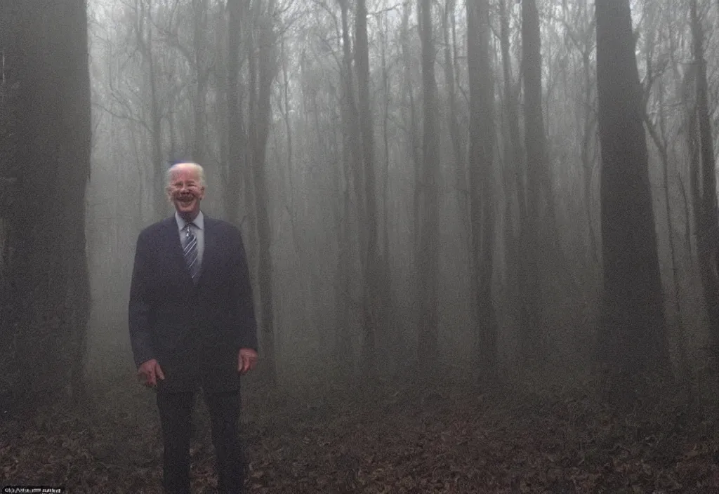 Prompt: low quality iphone photo of joe biden standing ominously deep in the foggy woods with a demonic smile in his face and his hands behind his back, low visibility creepy, grainy, trail cam footage