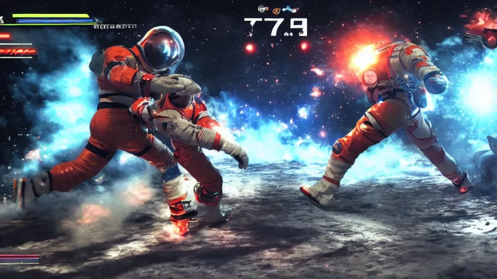 Image similar to an astonaut fighting a cosmonaut. VS fighting, videogame versus game UI, game UI, tekken, street fighter, mortal kombat, side camera, life bars, win count, countdown, playstation game, xbox game, unreal engine, 8k, 4k,