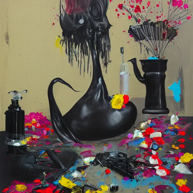 Image similar to empty room with black walls, sensual portrait of a woman, broken vase, spilled flowers, puddle of water, octopus, squashed berries, neo - expressionism, surrealism, acrylic and spray paint and oilstick on canvas