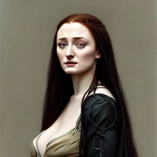 Image similar to portrait of a beautiful sansa stark, pale skin, female with long black hair, dark, piercing eyes, gentle expression, elegant clothing, photorealistic, highly detailed, artstation, smooth, sharp focus, art by michael whelan, artgerm, greg rutkowski and alphonse mucha