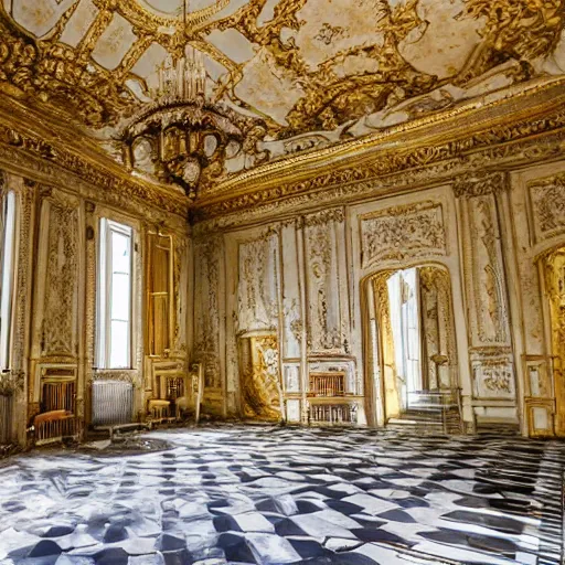 Image similar to inside opulent abandoned overgrown Palace of Versailles ,rich with epic details