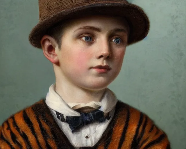 Prompt: detailed portrait of a Victorian boy with azure eyes and feline features of a tiger!!! to his face!!! by Johannes wessmark. 45 degree light angle, sunlight. hype realistic, 4K HD wallpaper, full color.