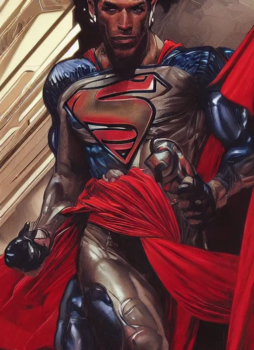 Image similar to portrait of crossfit fitness sprinter superman!, futuristic detailed ornate cyberpunk costume!, red and black costume!!!, pale skin!, no logo!!!, painted art by tsuyoshi nagano, greg rutkowski, artgerm, alphonse mucha, spike painting