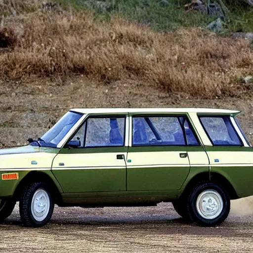 Prompt: A rally version of the Lada Riva , promotional photo