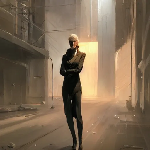 Image similar to concept art by greg rutkowski, a very tall and slender woman with blond hair, talking to a very tall and slender man with short black hair, brutalist futuristic interior, dark lighting atmosphere, detailed portraits, nostalgic atmosphere, scifi, digital painting, artstation, concept art, smooth, sharp foccus ilustration, artstation hq