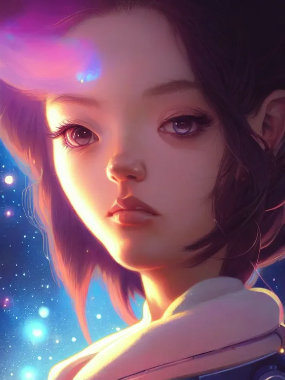 Image similar to close up picture of a space girl looking at the camera, bored, coveted, beautiful and aesthetic, intricate, unreal engine, messy hair, highly detailed, detailed face, smooth, sharp focus, chiaroscuro, manga illustration, artgerm, greg rutkowski, ilya kuvshinov, rossdraws, alphonse mucha, young adult light novel cover art