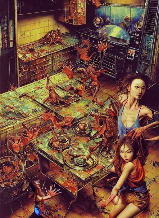 Prompt: realistic detailed image of a cockroaches and a family in an old soviet kitchen by Ayami Kojima, Amano, Karol Bak, Greg Hildebrandt, and Mark Brooks, Neo-Gothic, gothic, rich deep colors. Beksinski painting, part by Adrian Ghenie and Gerhard Richter. art by Takato Yamamoto. masterpiece. realistic detailed image